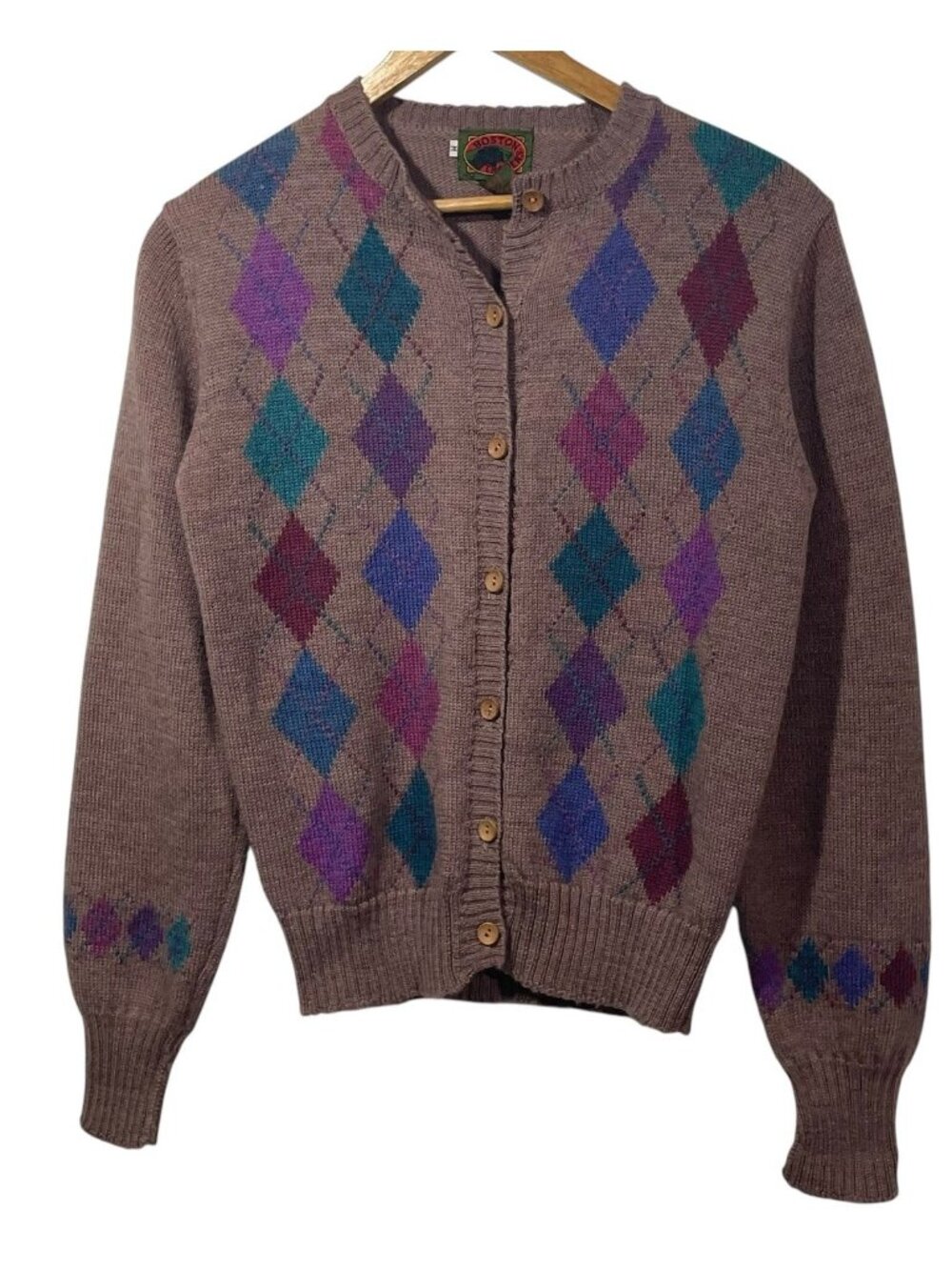 Boston Traders Womens Vtg Wool Knit Cardigan Brown Multicolor Argyle Sz M